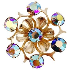 Vintage Mid Century Gold Tone Flower Brooch Purple Aurora Borealis Rhinestones